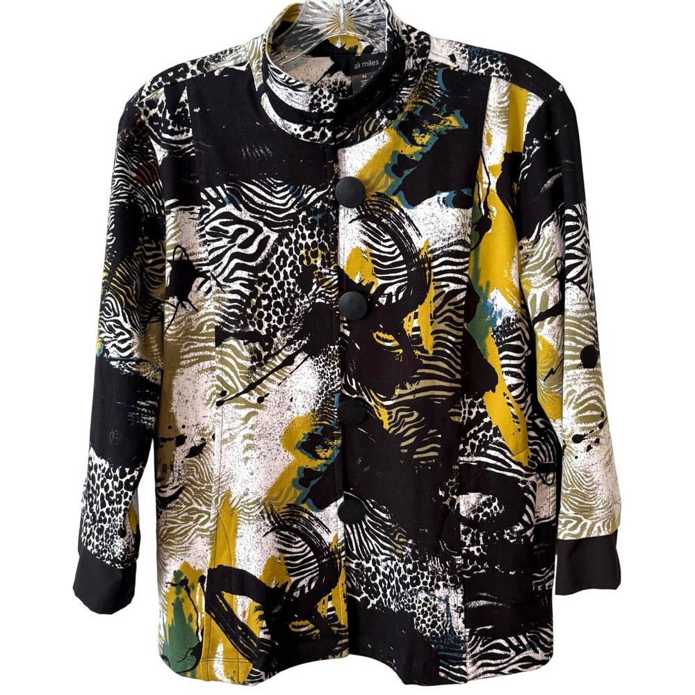Ali Miles Abstract Black and Yellow Arty Animal Print Knit Jacket in Size PS